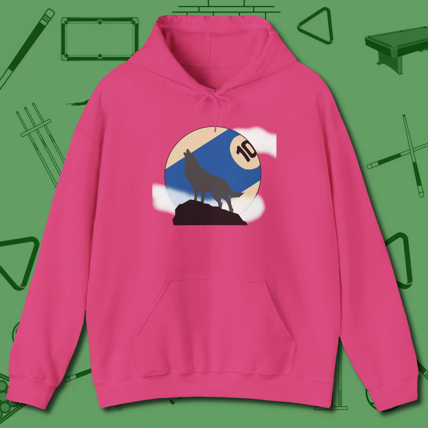 Ten Ball Wolf Hoodie, front view, in Heliconia ideal for clean hits and clean fits