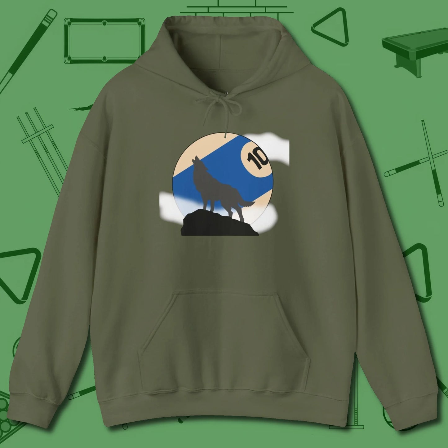 Ten Ball Wolf Hoodie, front view, in Military Green attitude built for the long haul