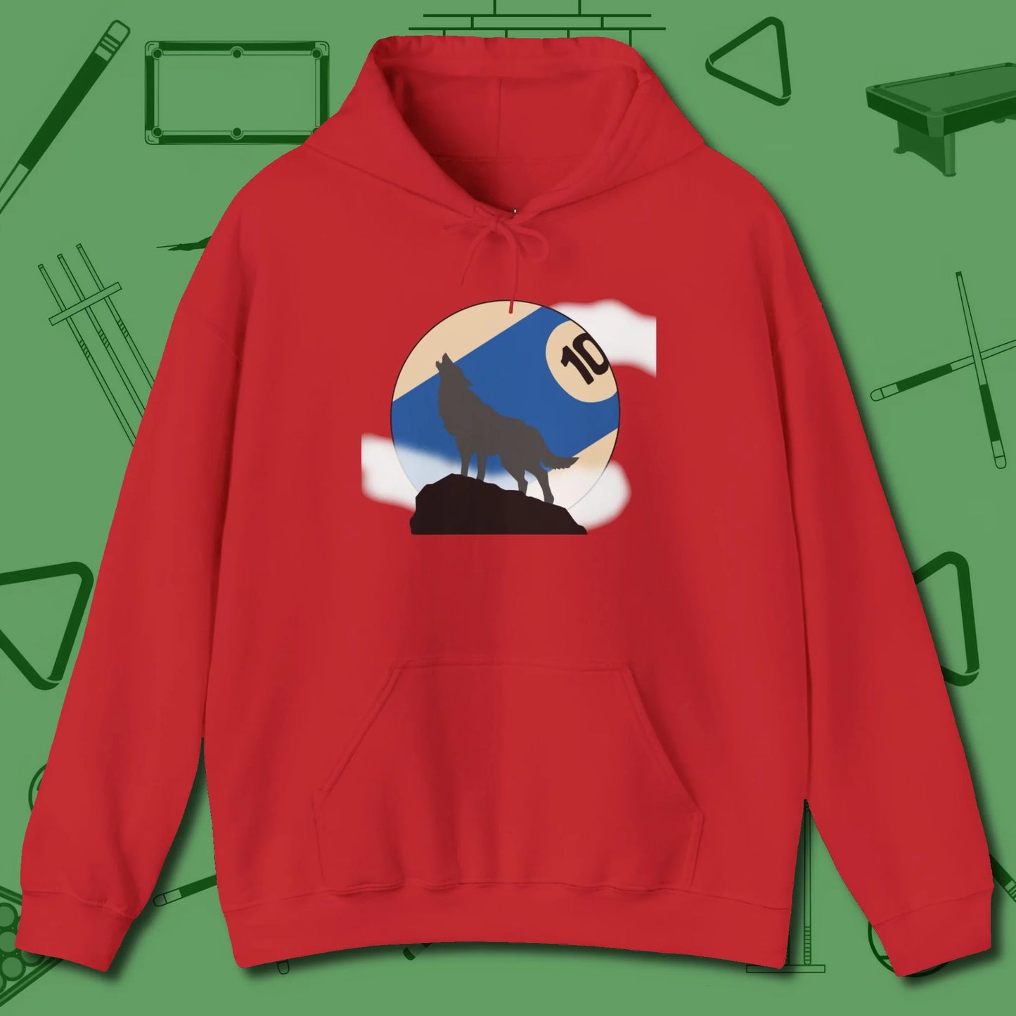 Ten Ball Wolf Hoodie, front view, in Red put your best game on display