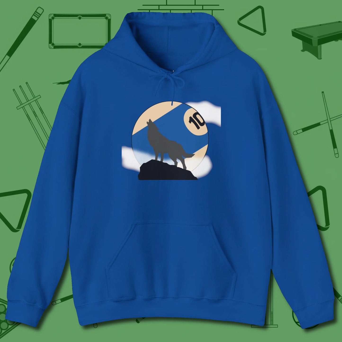 Ten Ball Wolf Hoodie, front view, in Royal built for bold breaks and quiet confidence
