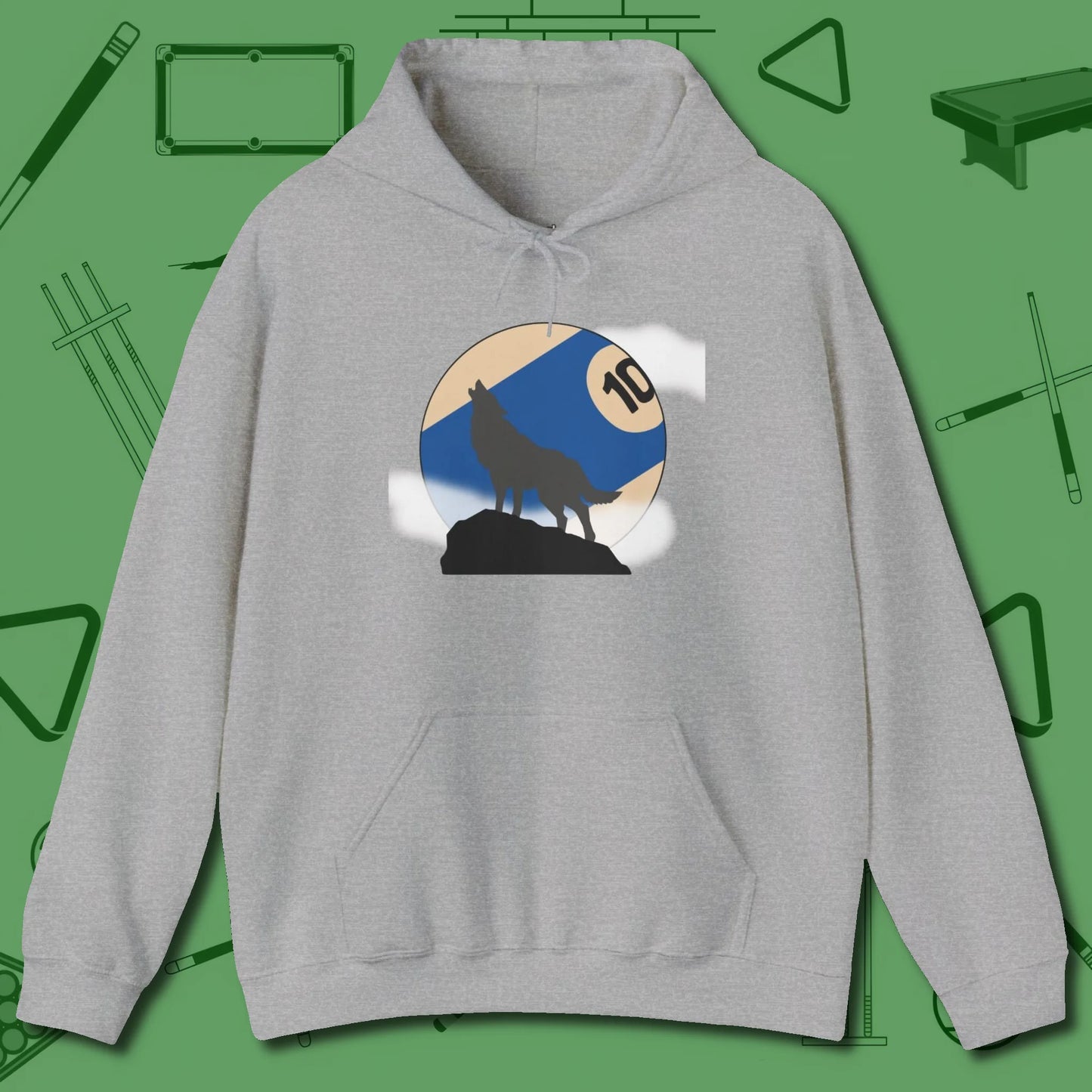 Ten Ball Wolf Hoodie, front view, in Sport Grey break, run out, turn heads — repeat