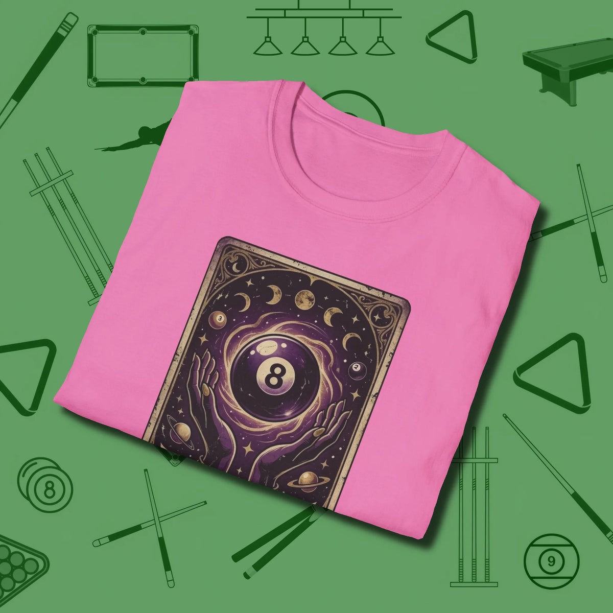 The Eight Ball Tarot T-Shirt, folded view, in Azalea because pool isn’t just a game — it’s who you are