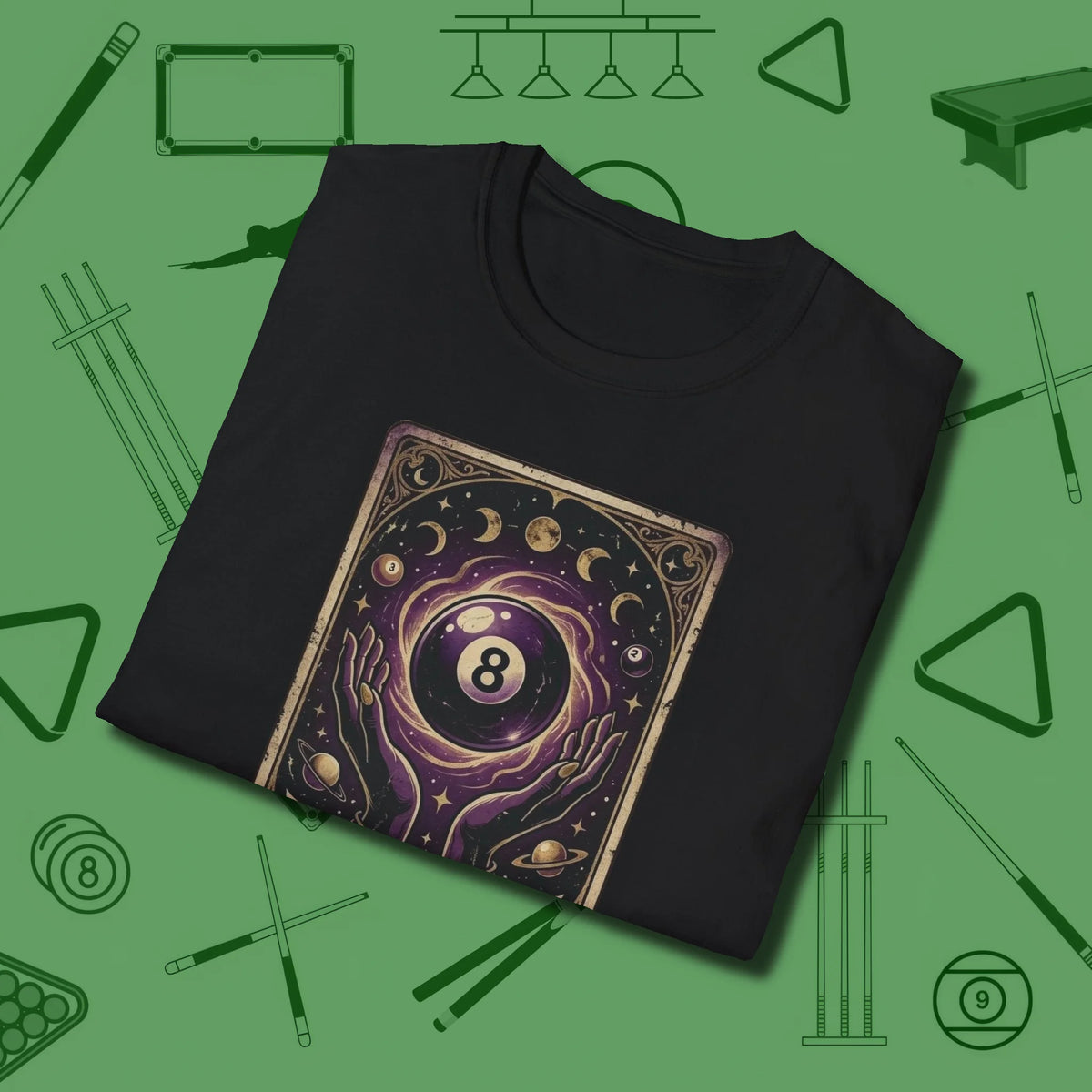 The Eight Ball Tarot T-Shirt, folded view, in Black designed for dead stroke and deadpan looks