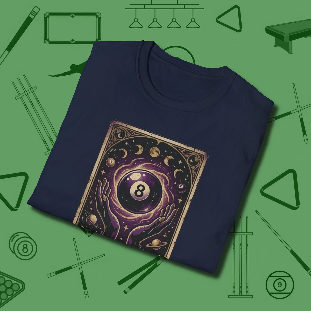 The Eight Ball Tarot T-Shirt, folded view, in Navy for players who live the game