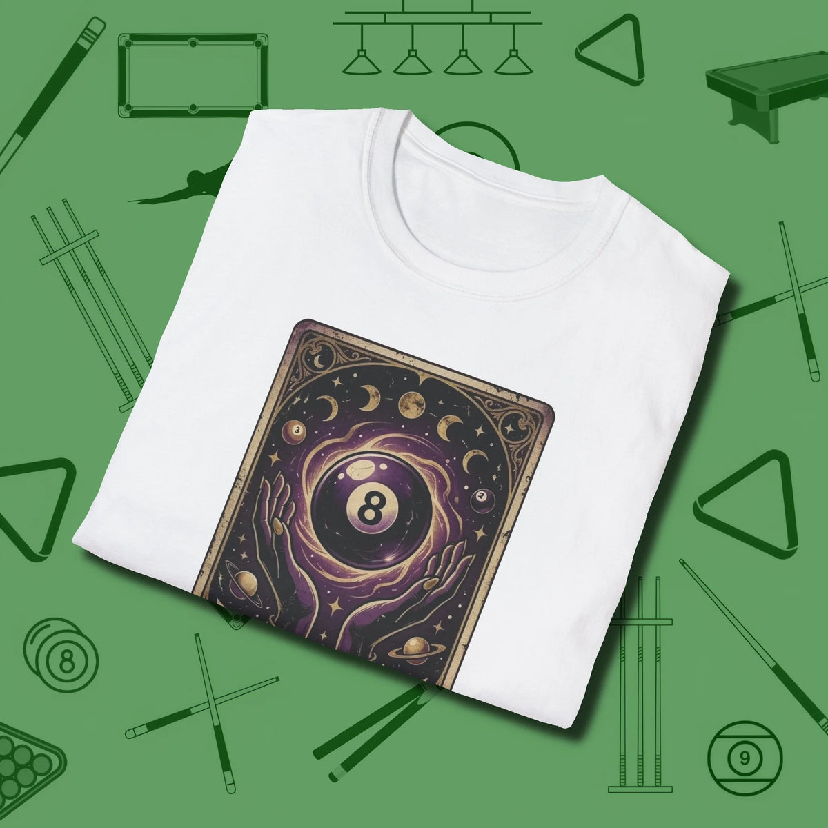 The Eight Ball Tarot T-Shirt, folded view, in White a clean fit for the dirtiest safeties