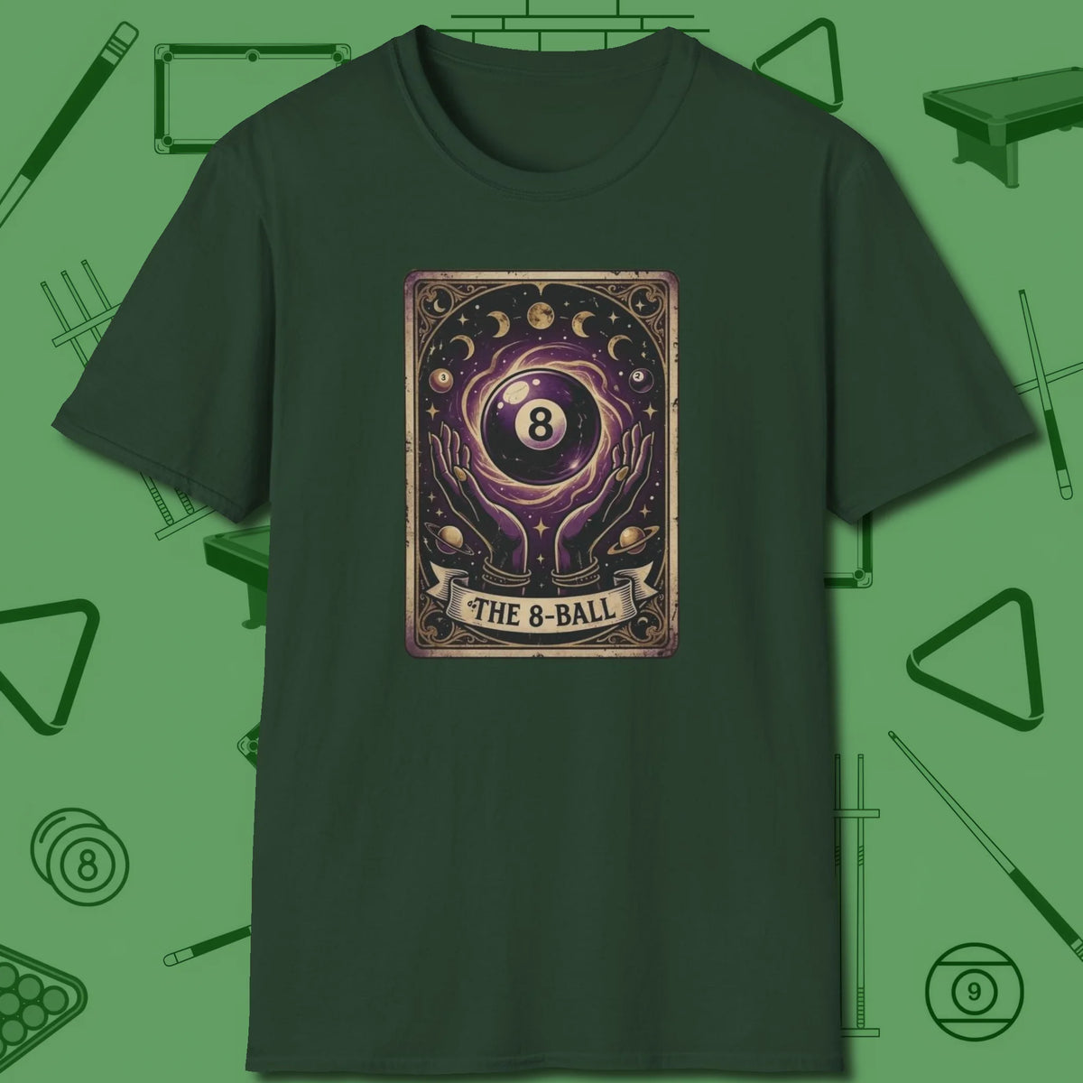 The Eight Ball Tarot T-Shirt, front view, in Forest Green poolroom style with tournament attitude
