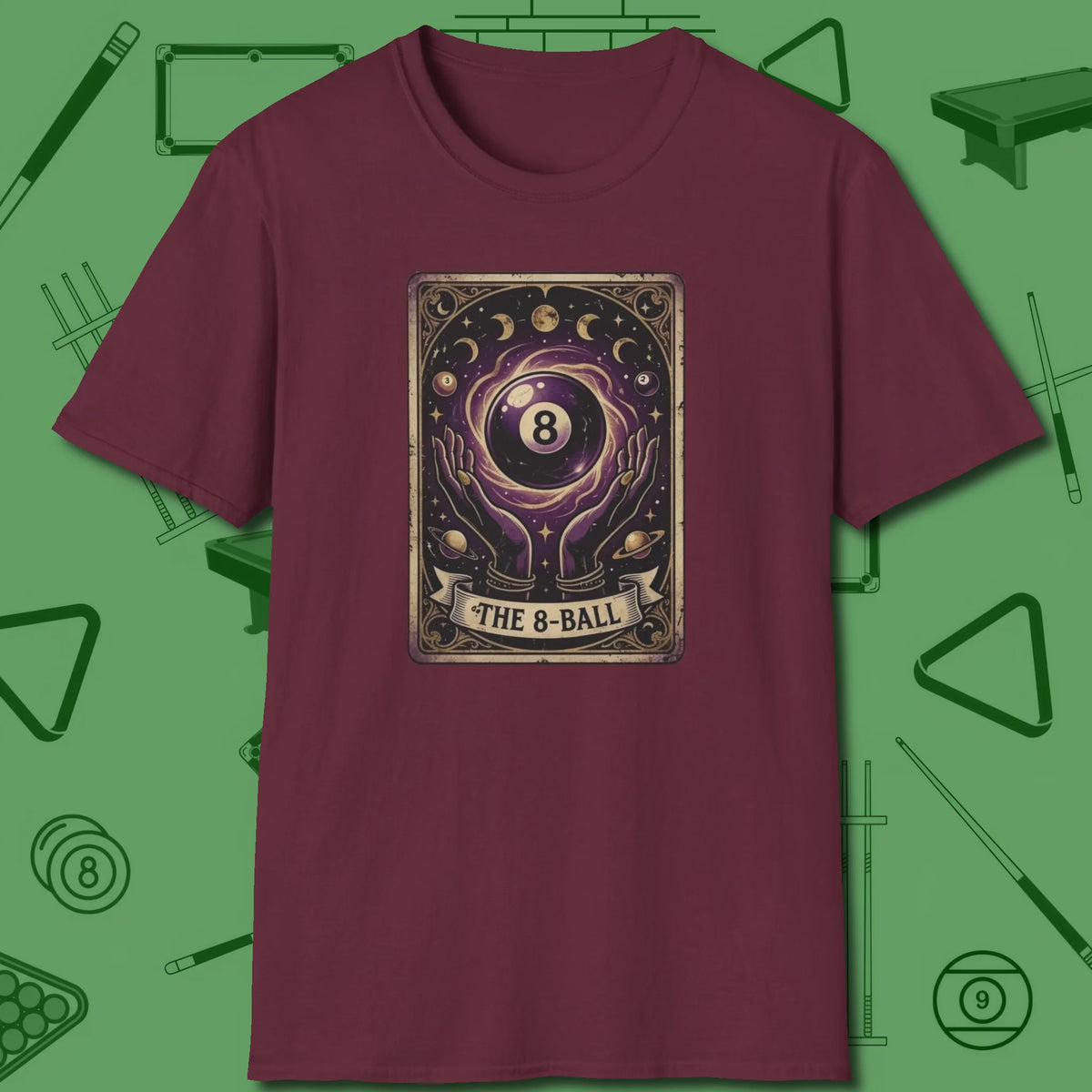 The Eight Ball Tarot T-Shirt, front view, in Maroon as serious as your stroke