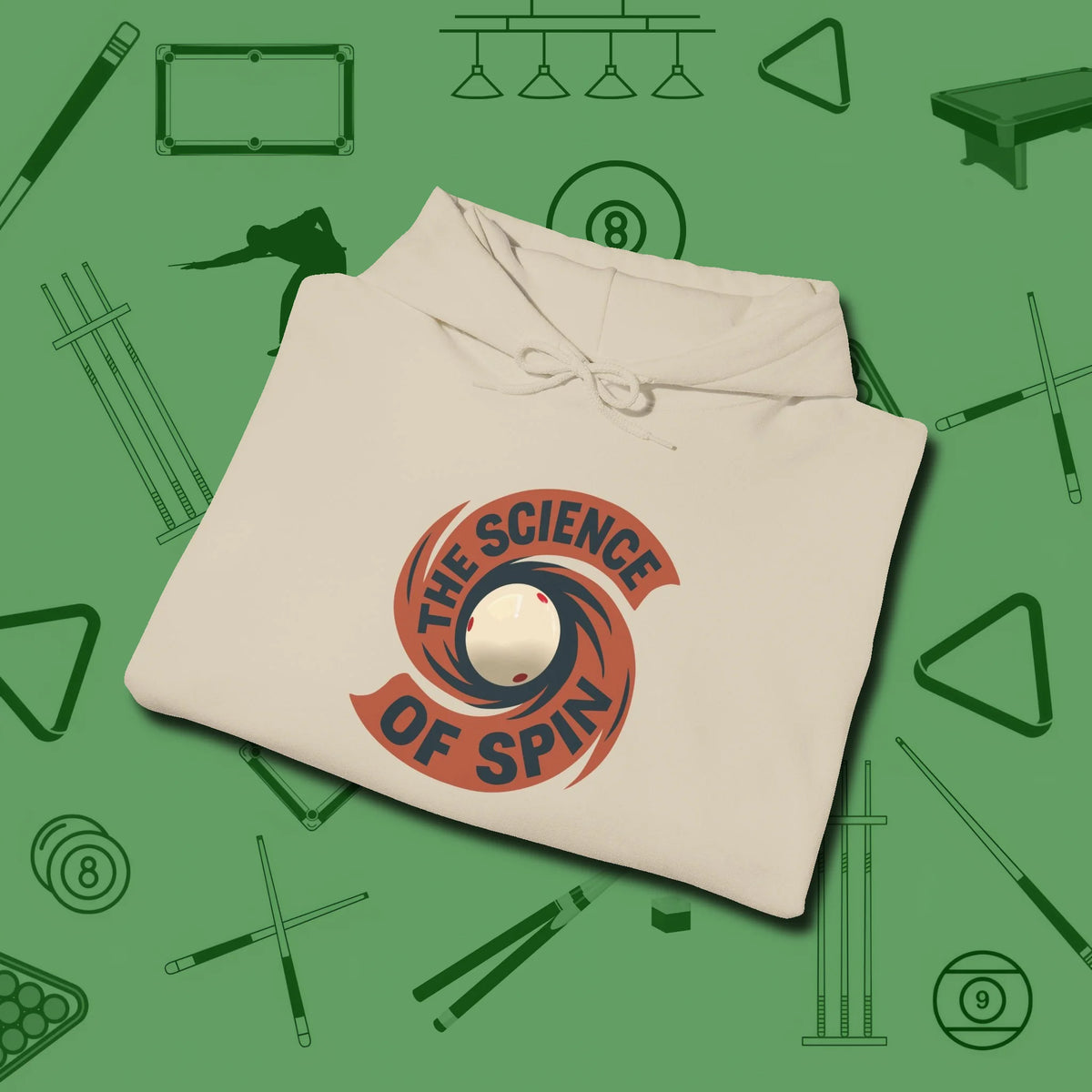 The Science of Spin Billiards Hoodie, folded view, in Sand attitude built for the long haul