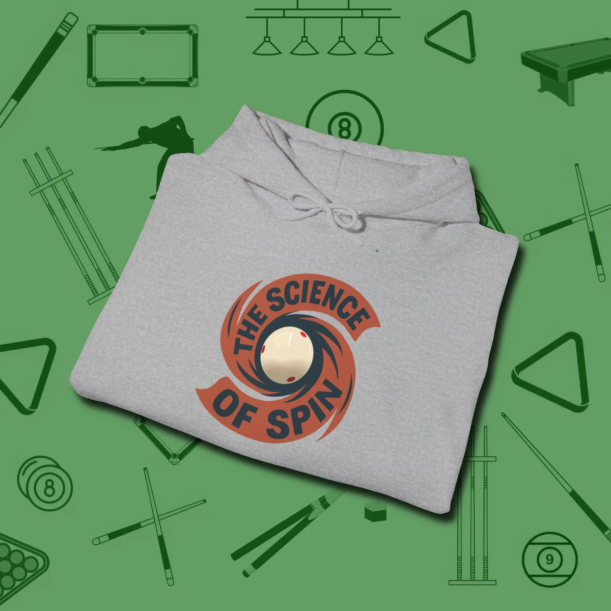 The Science of Spin Billiards Hoodie, folded view, in Sport Grey clean lines for dirty minds