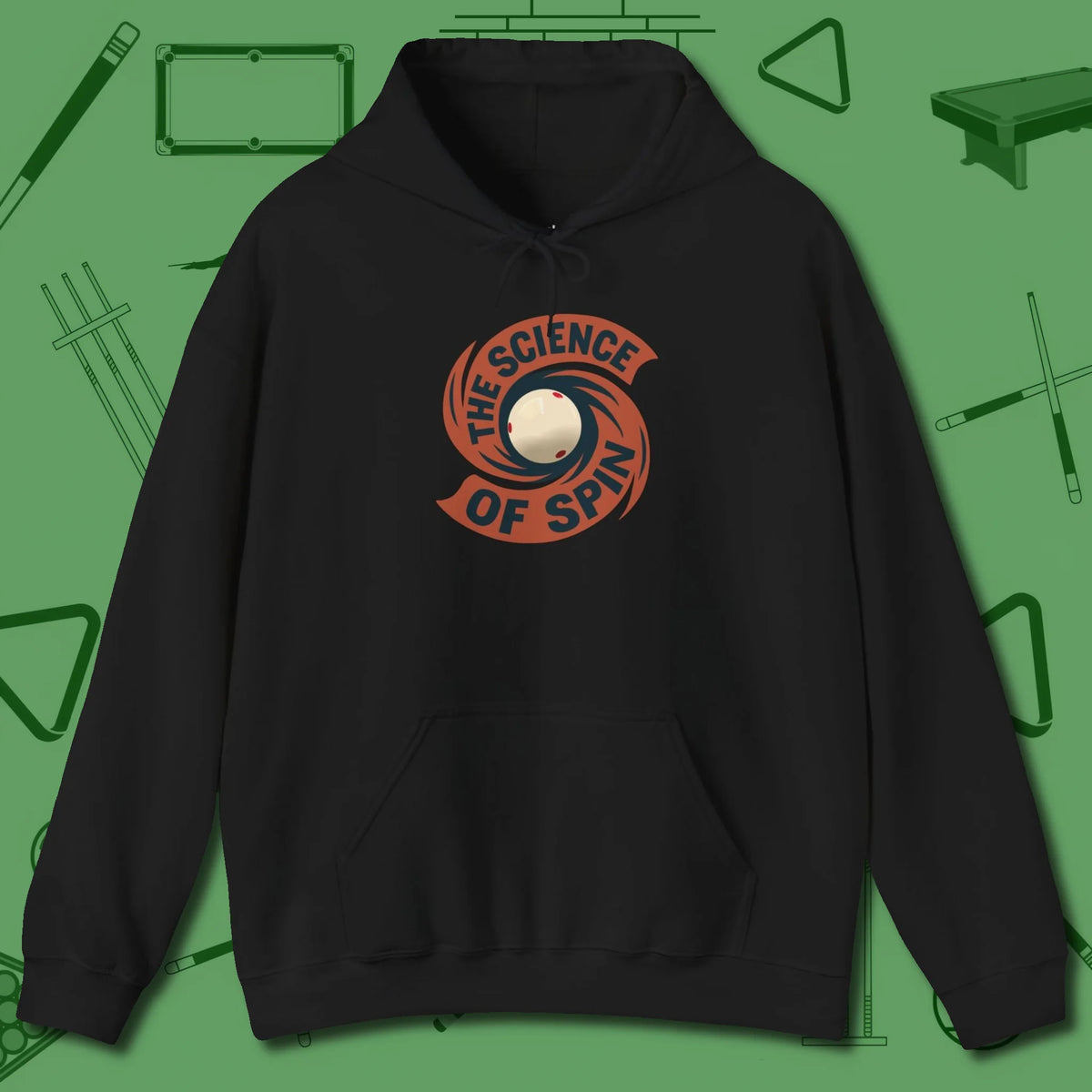 The Science of Spin Billiards Hoodie, front view, in Black attitude built for the long haul