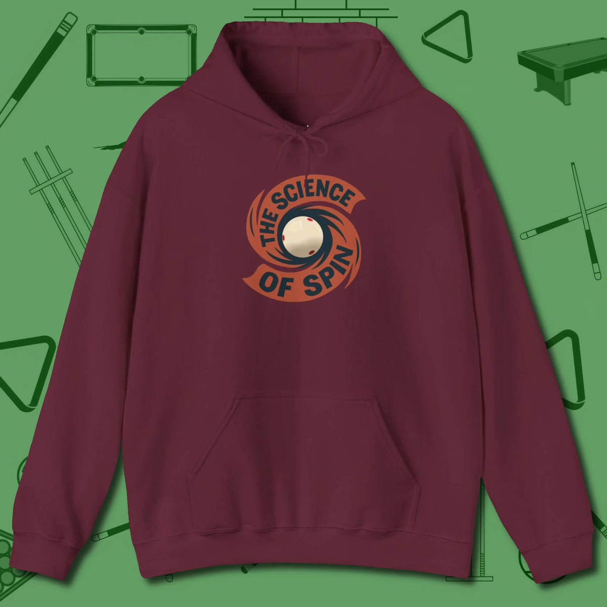 The Science of Spin Billiards Hoodie, front view, in Maroon made for pool sharks, not posers