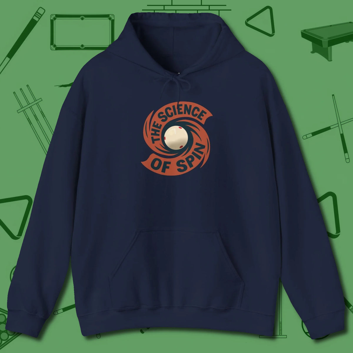 The Science of Spin Billiards Hoodie, front view, in Navy confidence stitched in every seam