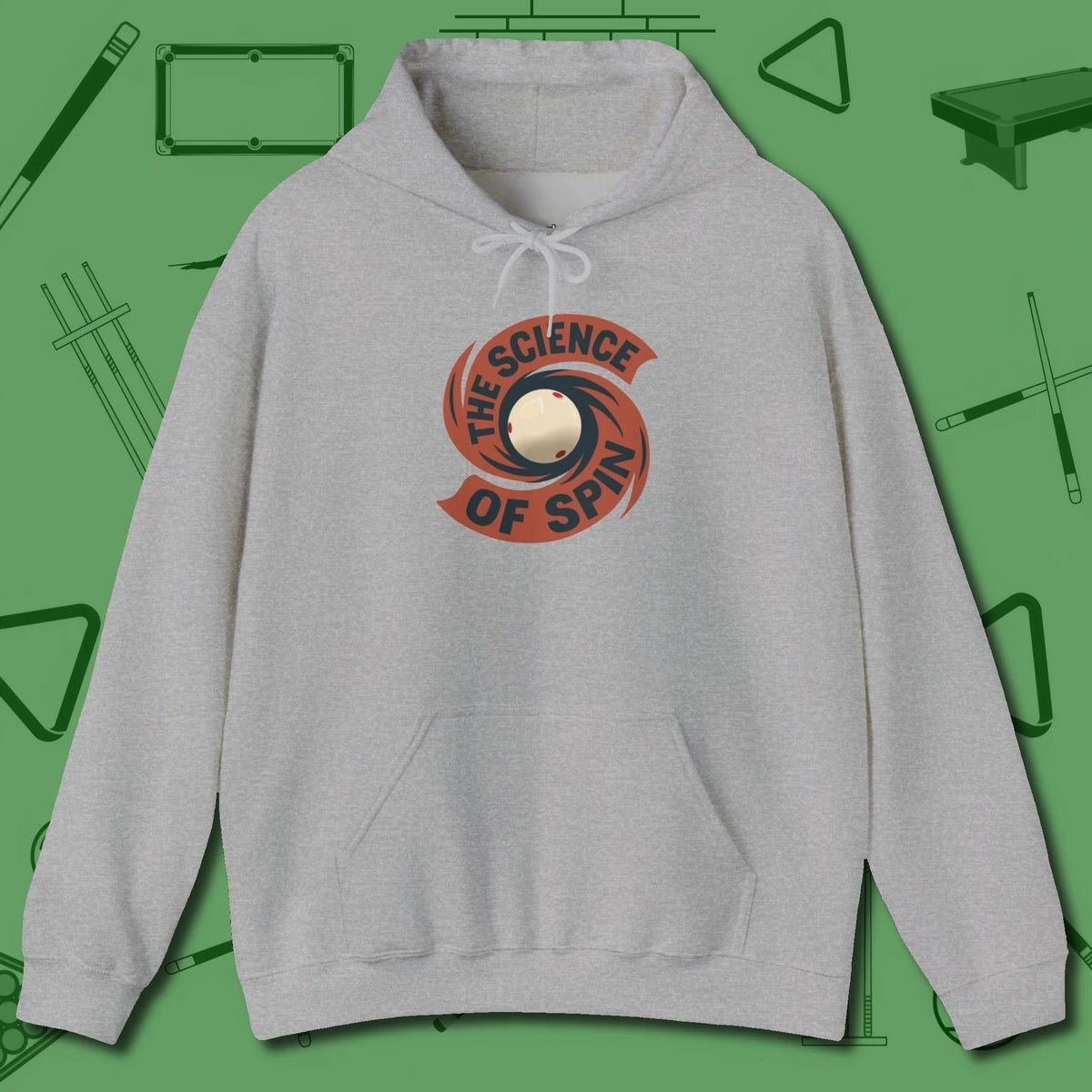 The Science of Spin Billiards Hoodie, front view, in Sport Grey where style and cue discipline collide