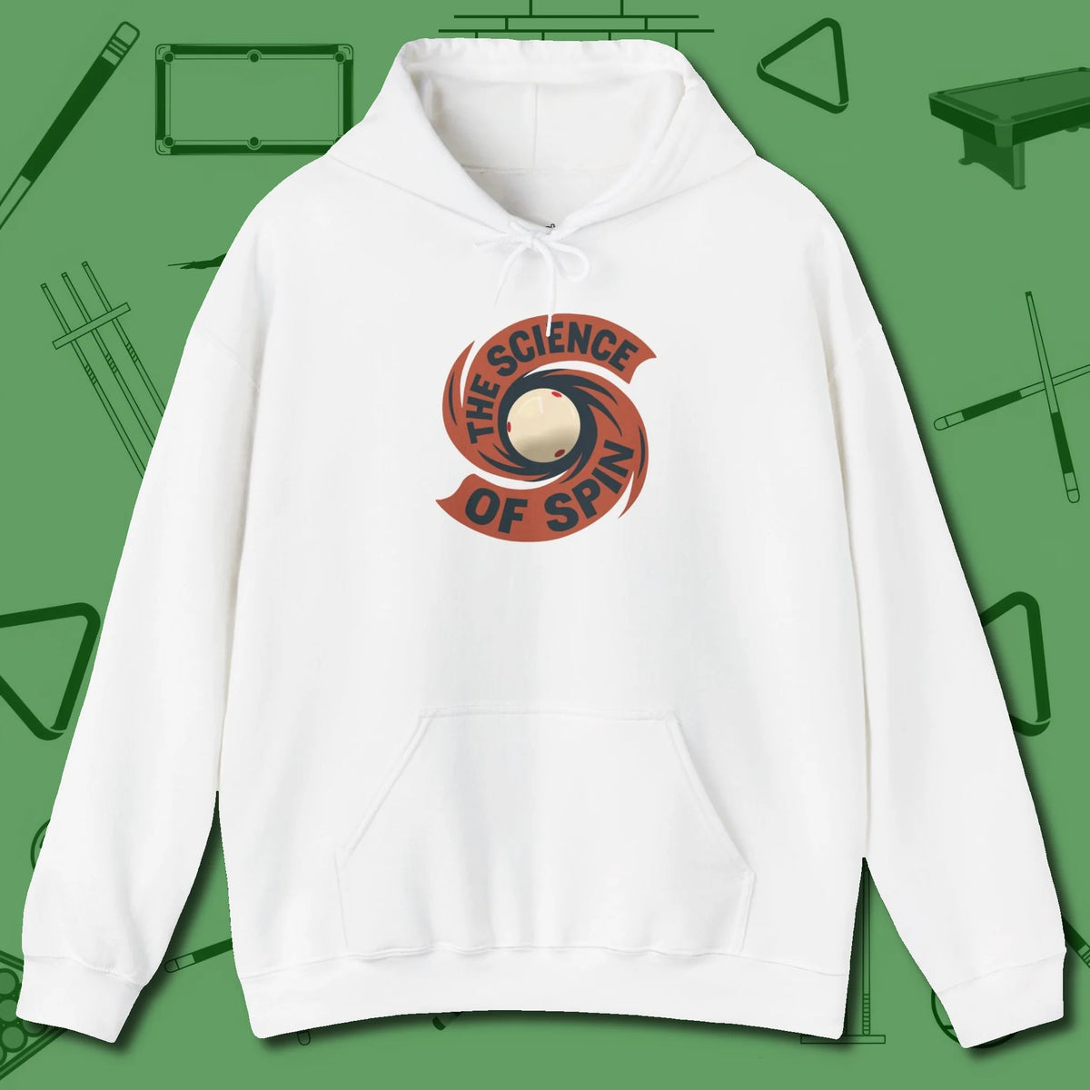 The Science of Spin Billiards Hoodie, front view, in White made for pool sharks, not posers