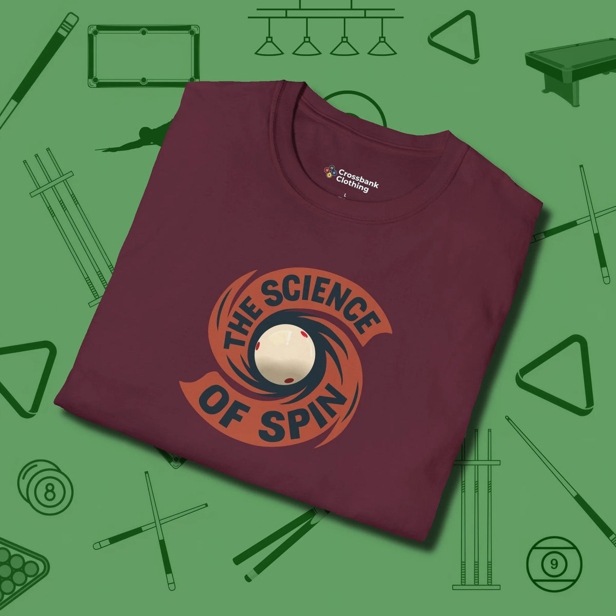 The Science of Spin Billiards T-Shirt, folded view, in Maroon put your best game on display
