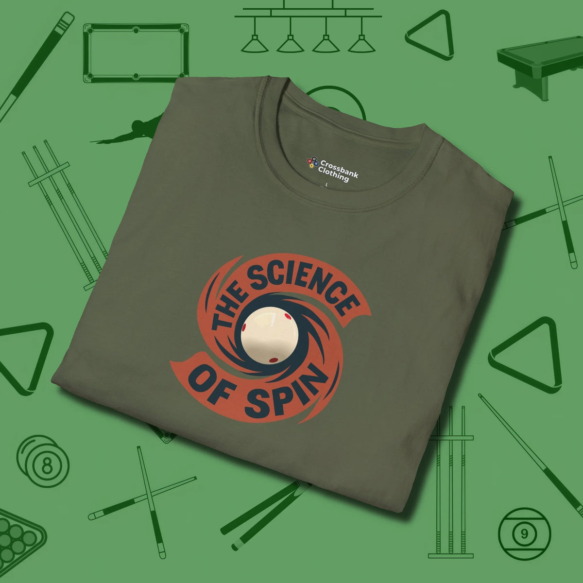 The Science of Spin Billiards T-Shirt, folded view, in Military Green your go-to shirt for league night victories