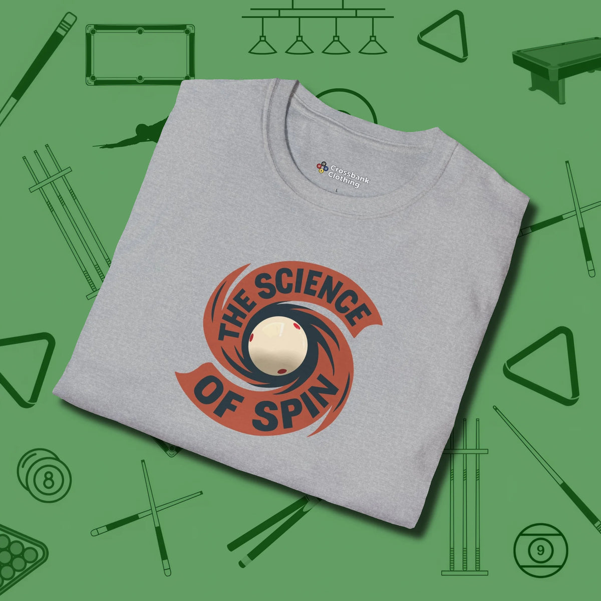 The Science of Spin Billiards T-Shirt, folded view, in Sport Grey where style and cue discipline collide