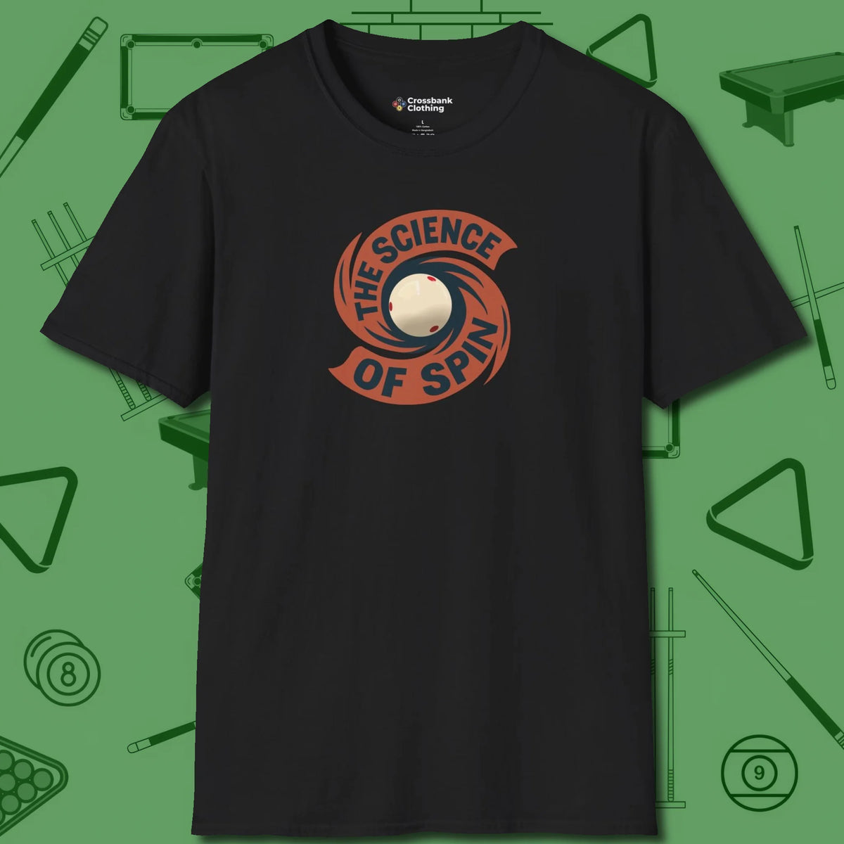 The Science of Spin Billiards T-Shirt, front view, in Black classic cue style, no gimmicks