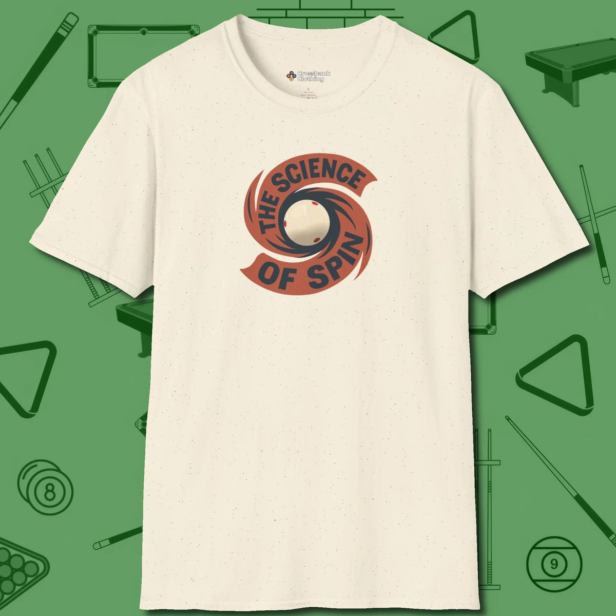 The Science of Spin Billiards T-Shirt, front view, in Natural not your average 8-ball graphic tee