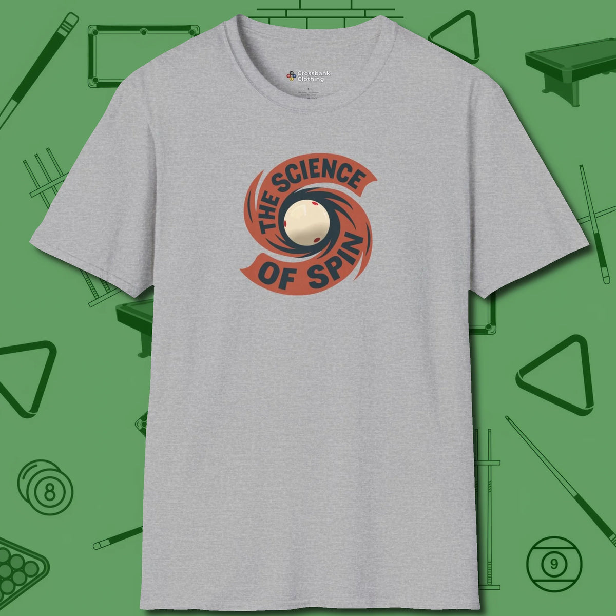 The Science of Spin Billiards T-Shirt, front view, in Sport Grey where style and cue discipline collide