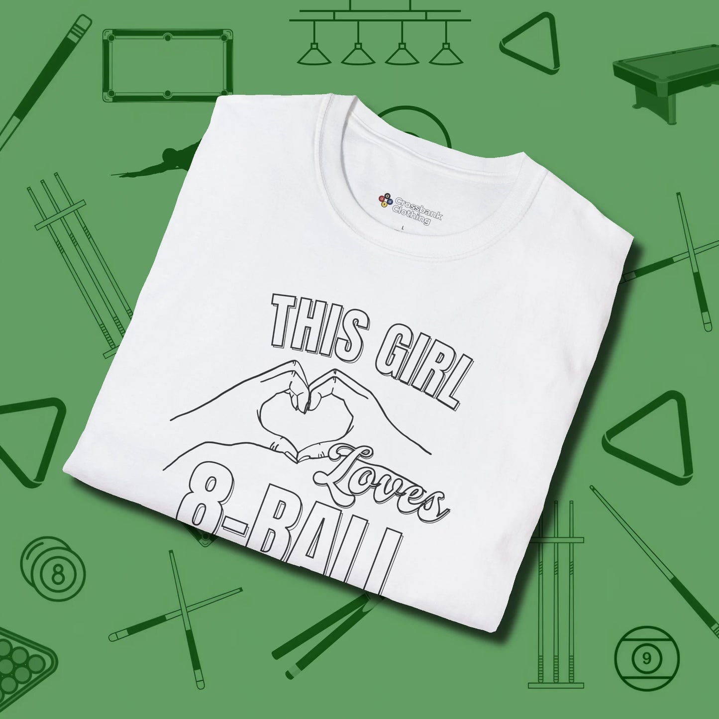 This Girl Loves 8 Ball T-Shirt, folded view, in White stitched for cue discipline and cool confidence
