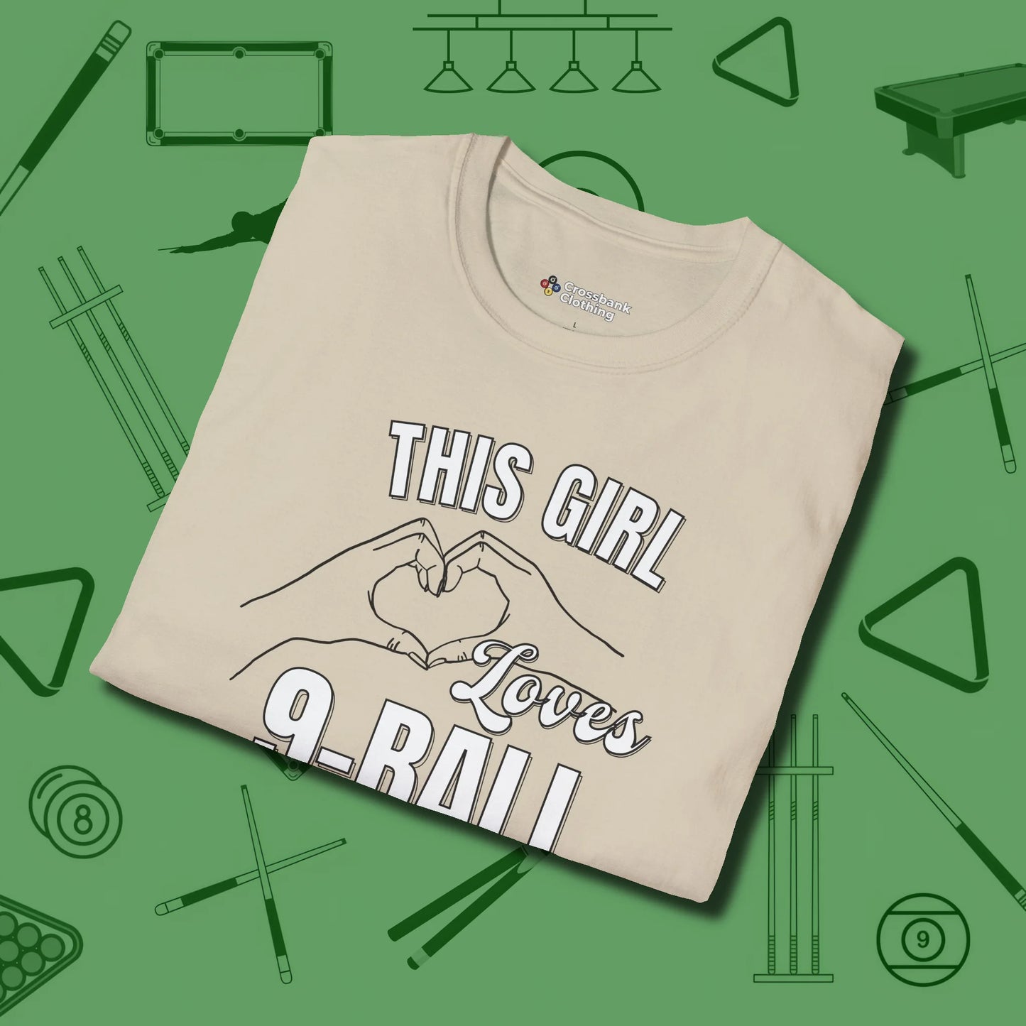This Girl Loves 9 Ball T-Shirt, folded view, in Sand because the table is your battlefield