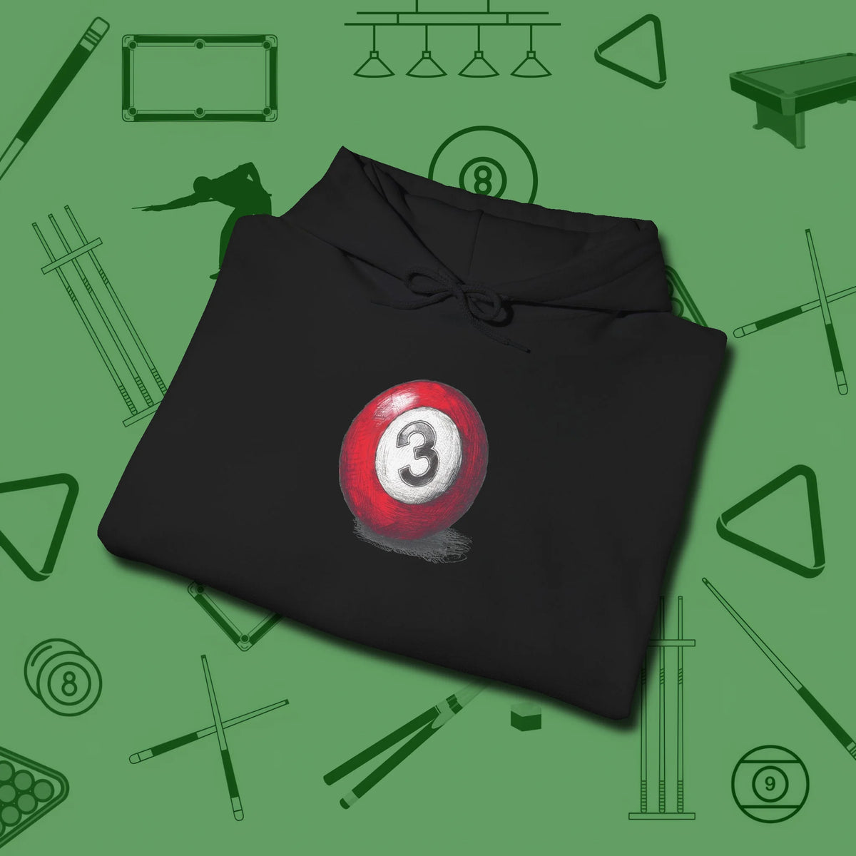 Three Ball Sketch Hoodie, folded view, in Black from chalk to clutch, look the part