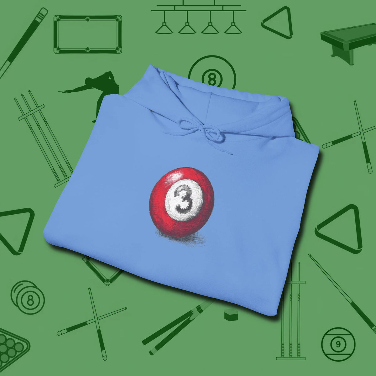 Three Ball Sketch Hoodie, folded view, in Carolina Blue poolroom style with tournament attitude