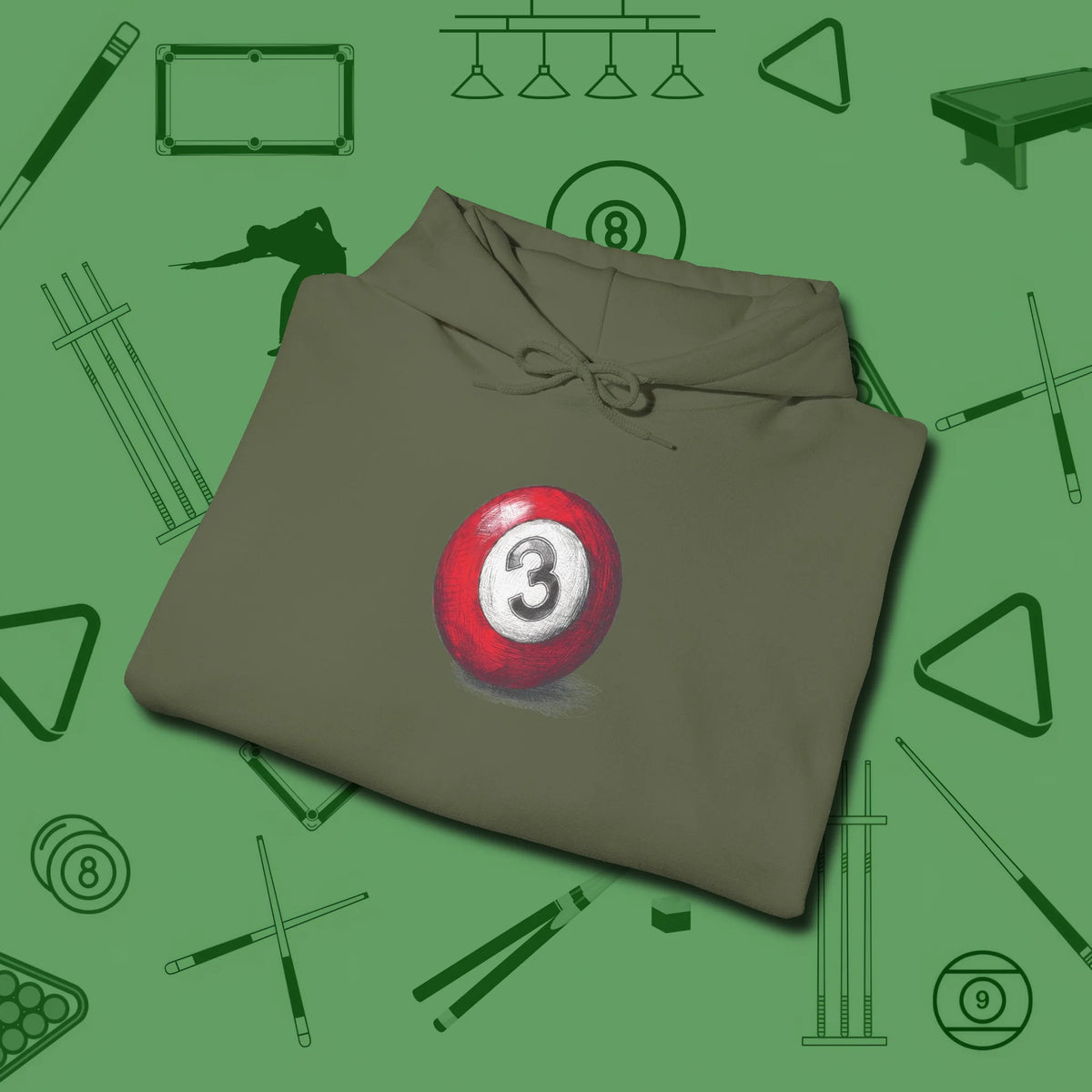 Three Ball Sketch Hoodie, folded view, in Military Green attitude built for the long haul