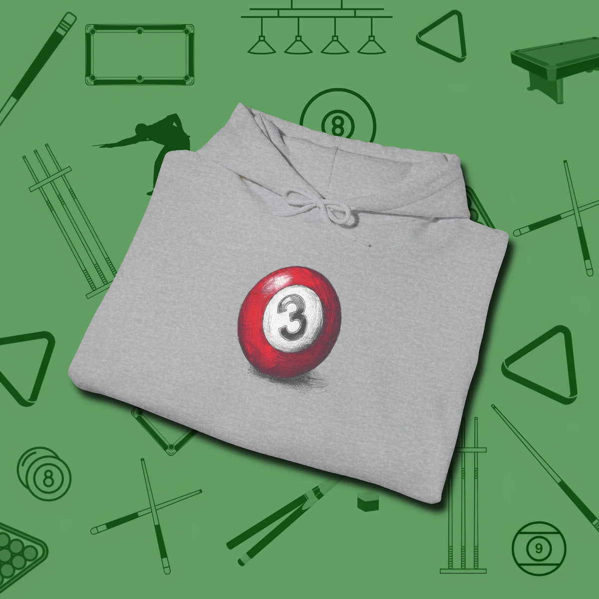 Three Ball Sketch Hoodie, folded view, in Sport Grey put your best game on display