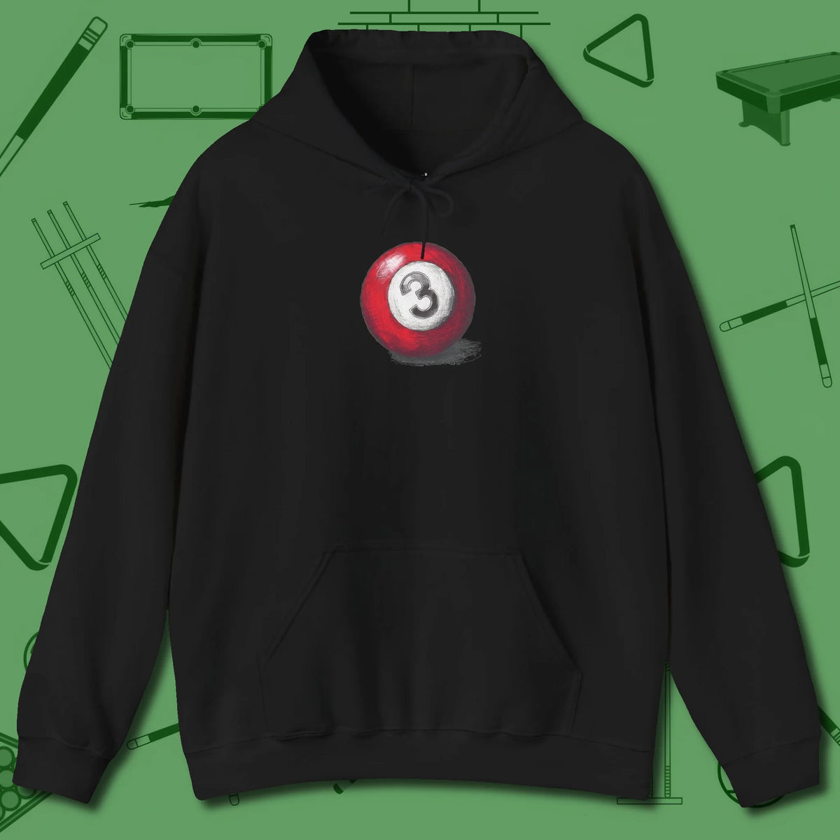 Three Ball Sketch Hoodie, front view, in Black from chalk to clutch, look the part