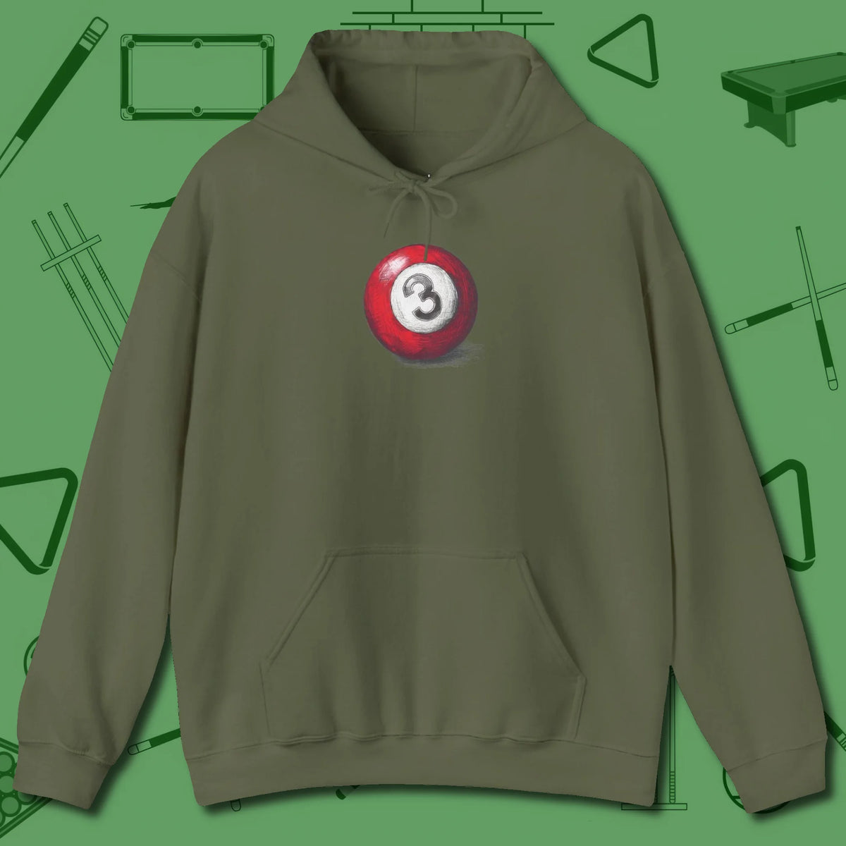 Three Ball Sketch Hoodie, front view, in Military Green style that banks as hard as you do