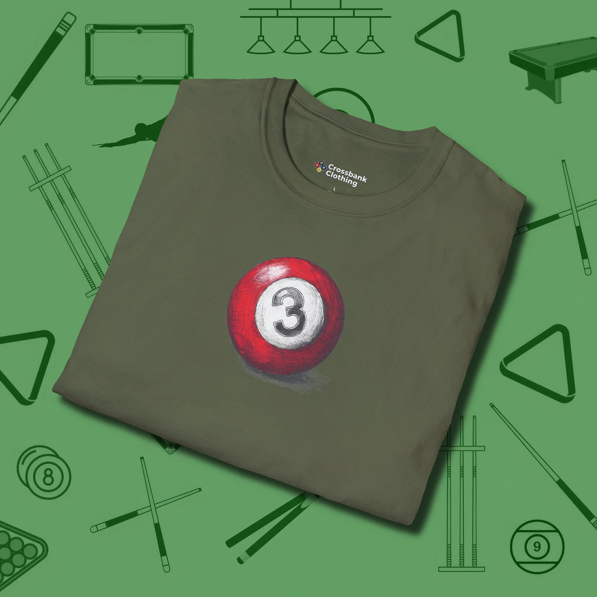Three Ball Sketch T-Shirt, folded view, in Military Green precise, confident, always in control