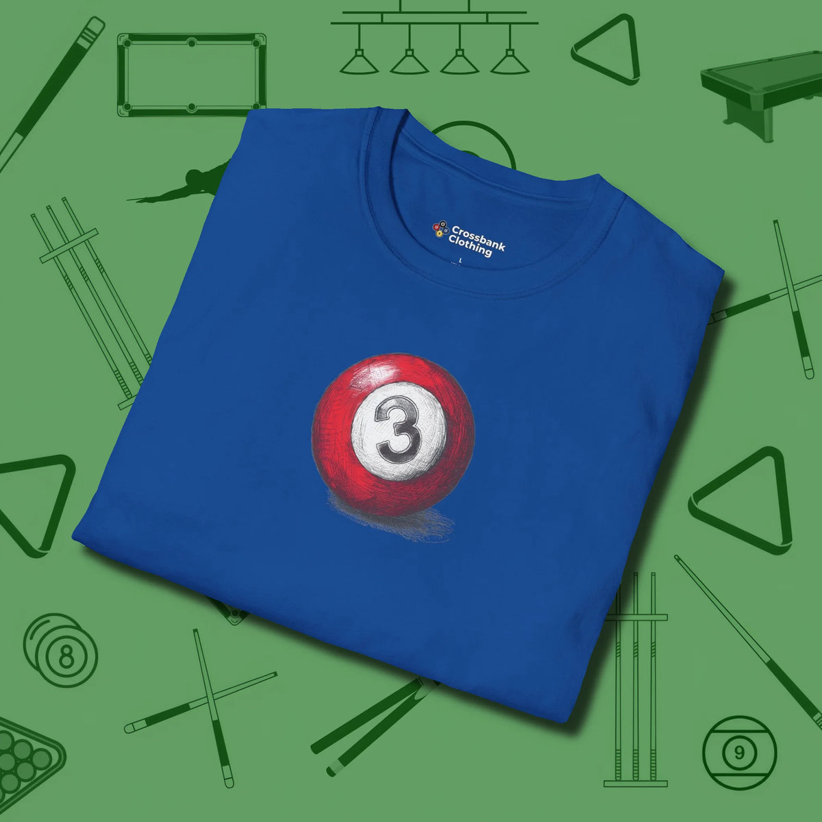 Three Ball Sketch T-Shirt, folded view, in Royal styled to dominate from rack to run-out