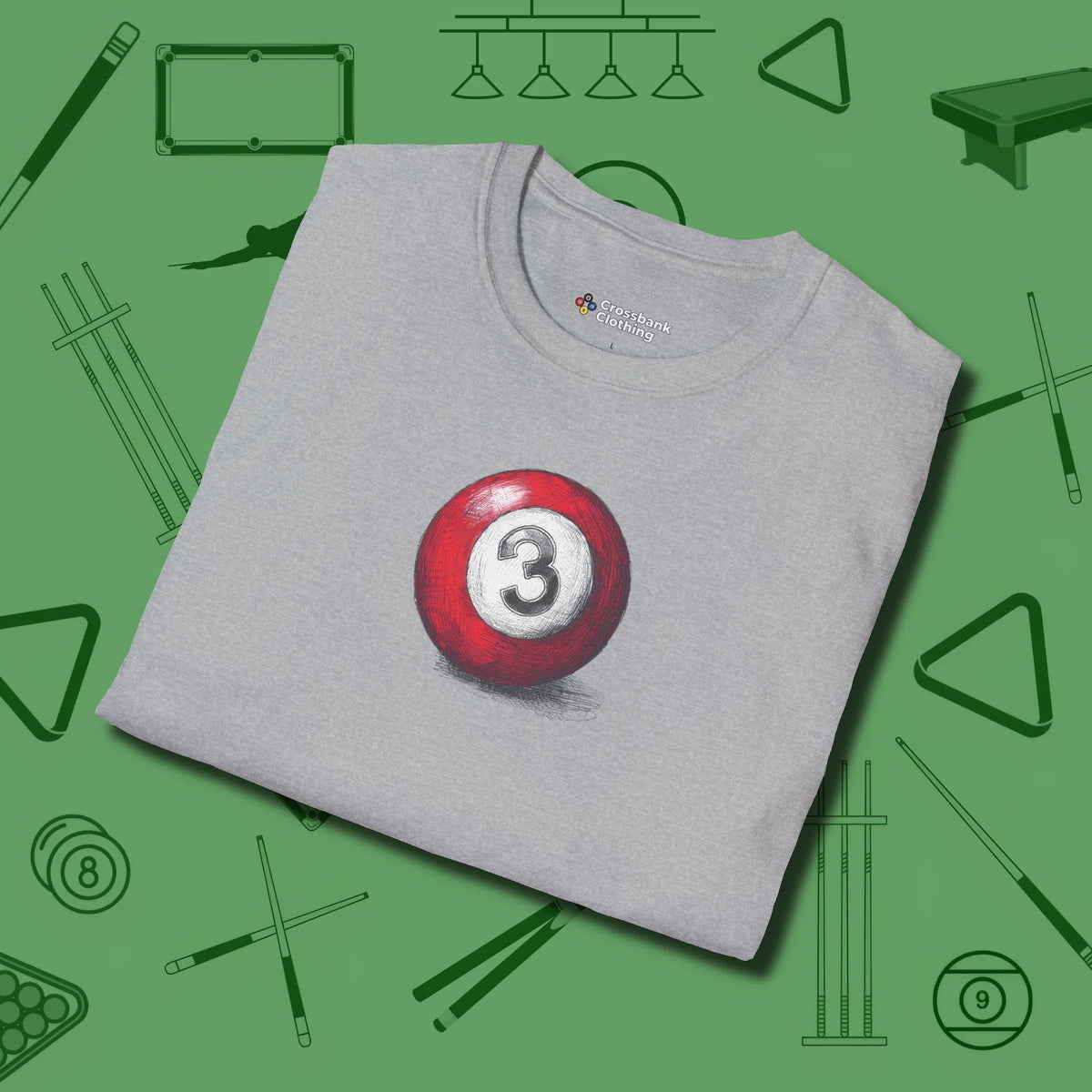 Three Ball Sketch T-Shirt, folded view, in Sport Grey because pool isn’t just a game — it’s who you are