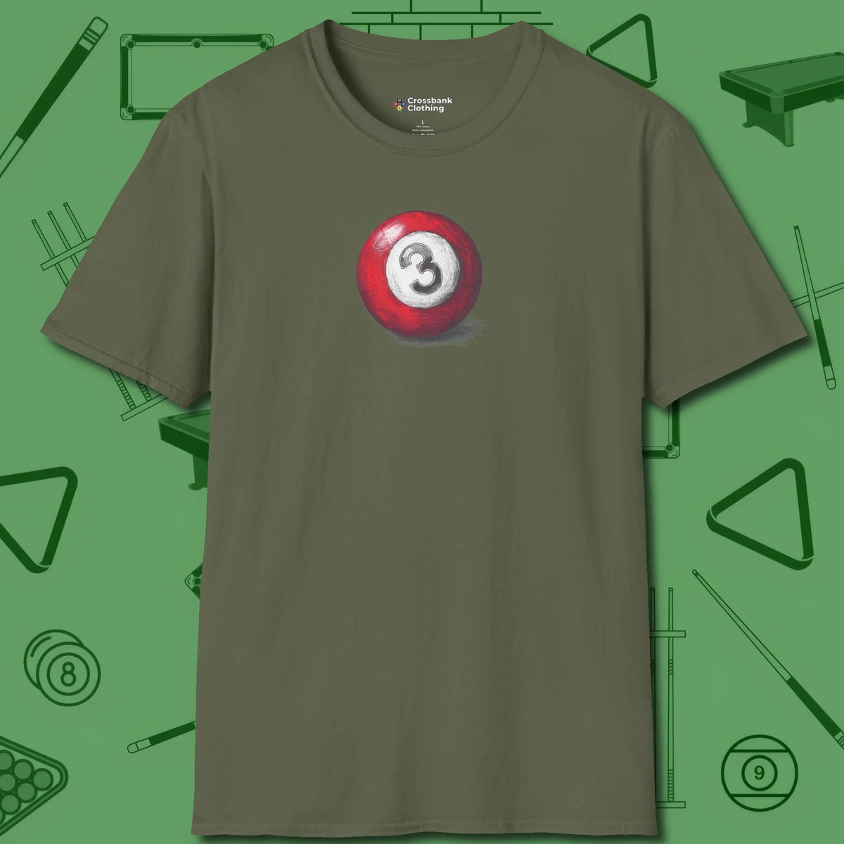 Three Ball Sketch T-Shirt, front view, in Military Green attitude built for the long haul