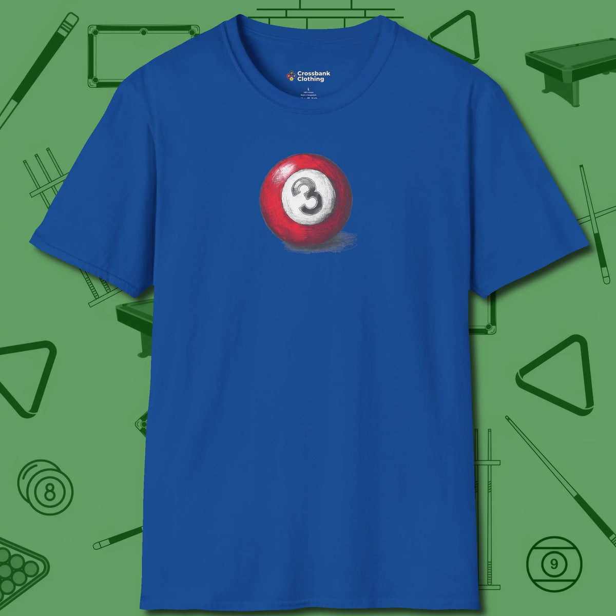 Three Ball Sketch T-Shirt, front view, in Royal made for pool sharks, not posers