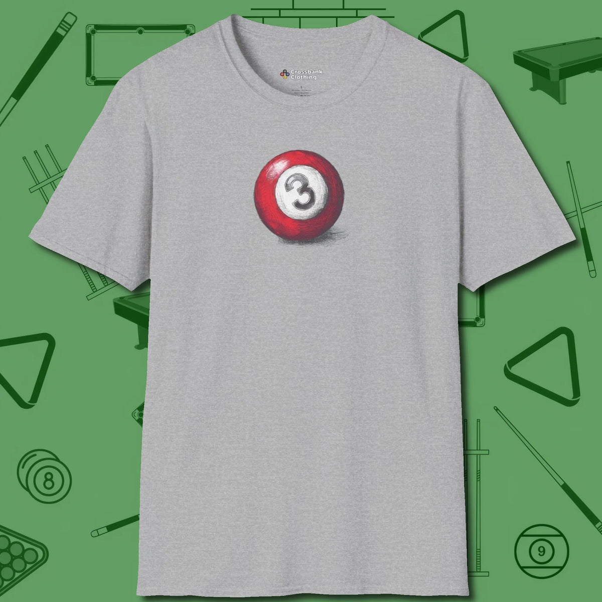 Three Ball Sketch T-Shirt, front view, in Sport Grey smart apparel for strategic players