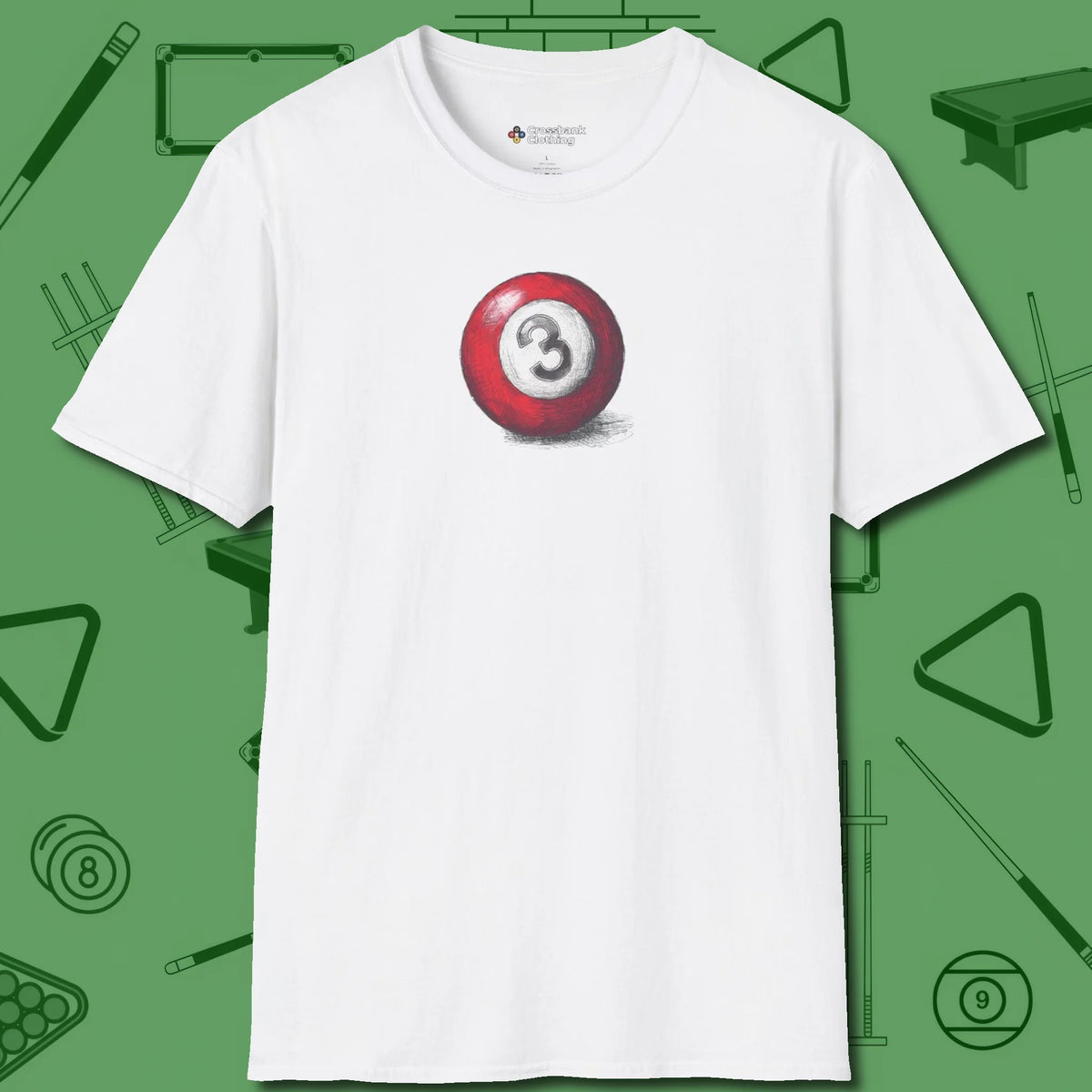Three Ball Sketch T-Shirt, front view, in White not your average 8-ball graphic tee