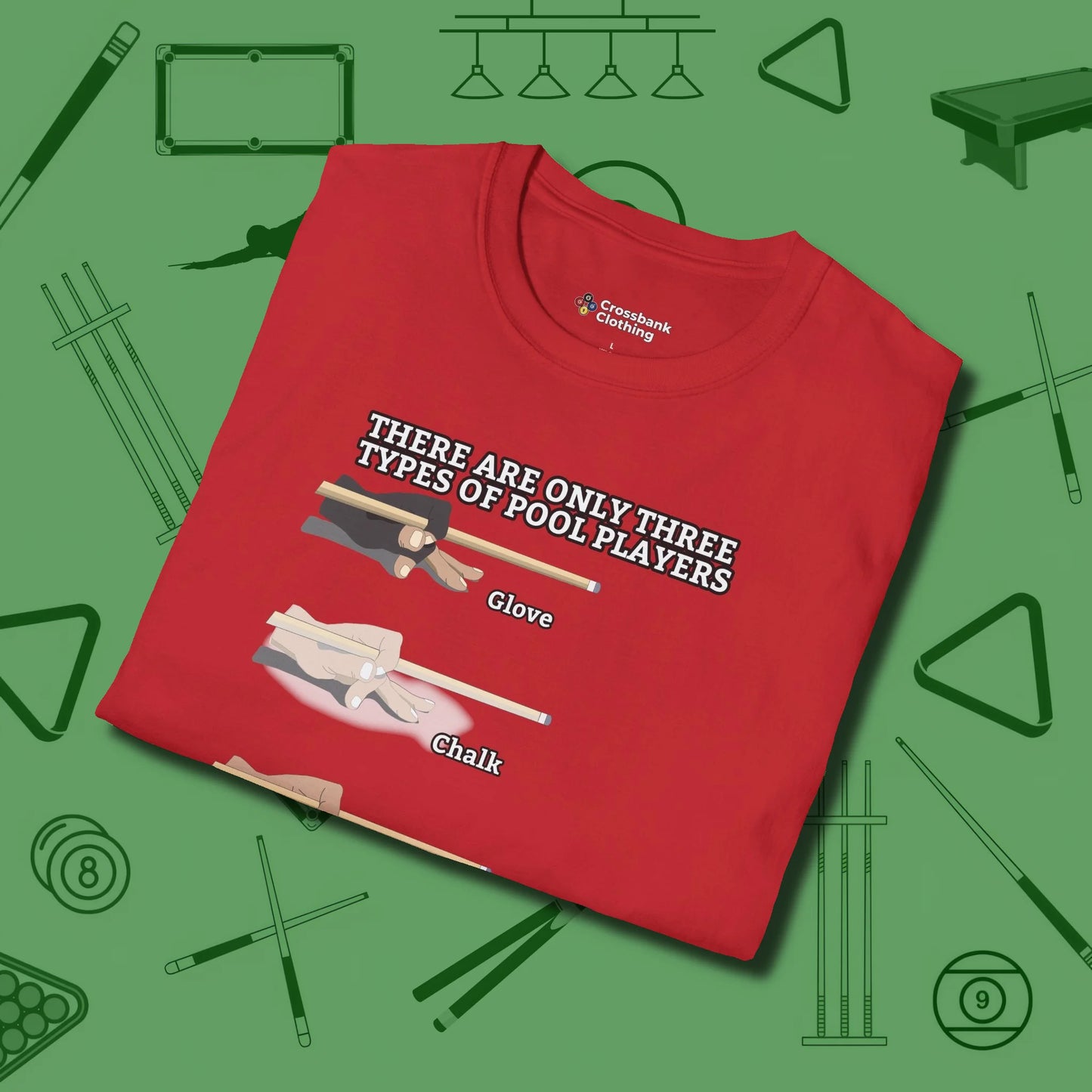 Three Types of T-Shirt, folded view, in Red your go-to shirt for league night victories