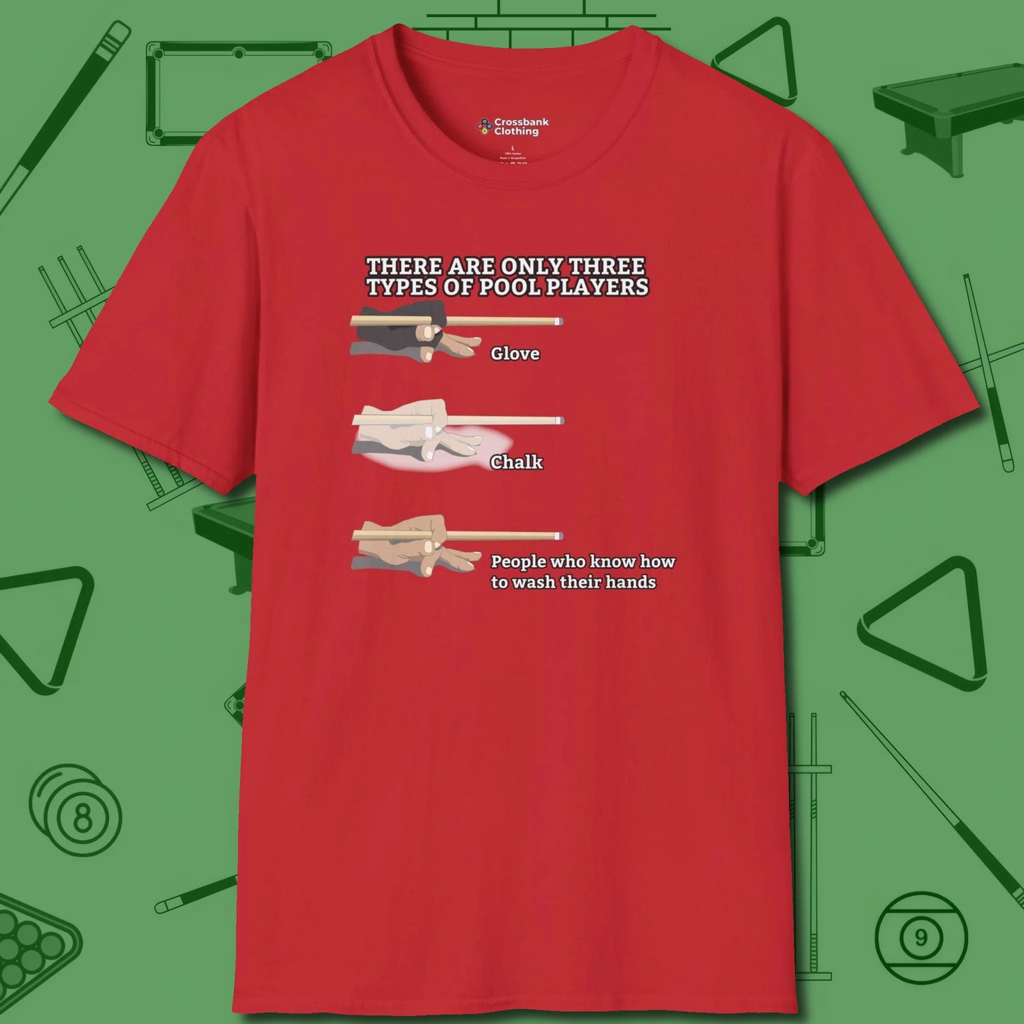 Three Types of T-Shirt, front view, in Red your go-to shirt for league night victories