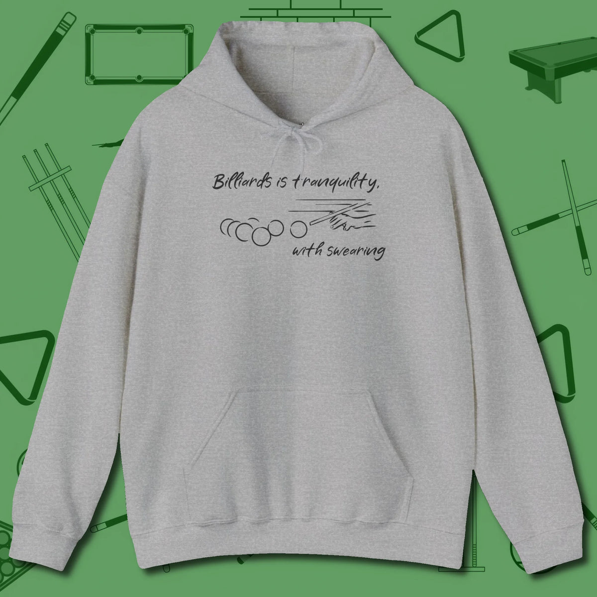Tranquility With Swearing Hoodie, front view, in Sport Grey fashion with break-and-run energy