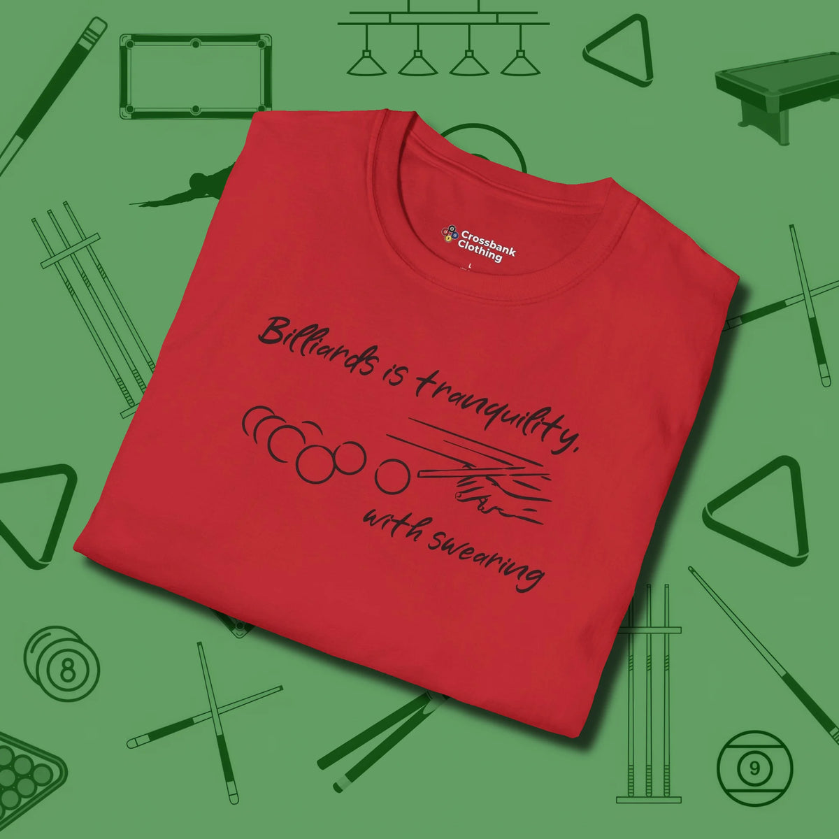 Tranquility With Swearing T-Shirt, folded view, in Red smart apparel for strategic players