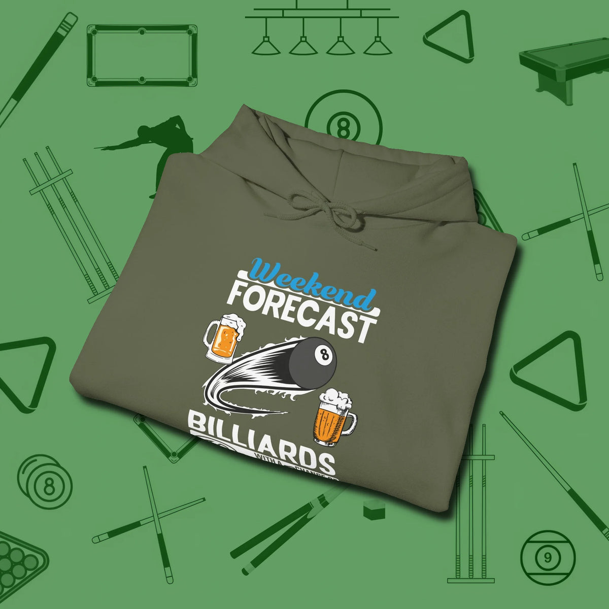 Weekend Forecast Hoodie, folded view, in Military Green your go-to shirt for league night victories