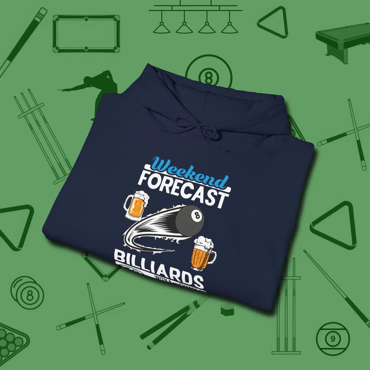 Weekend Forecast Hoodie, folded view, in Navy made for pool sharks, not posers