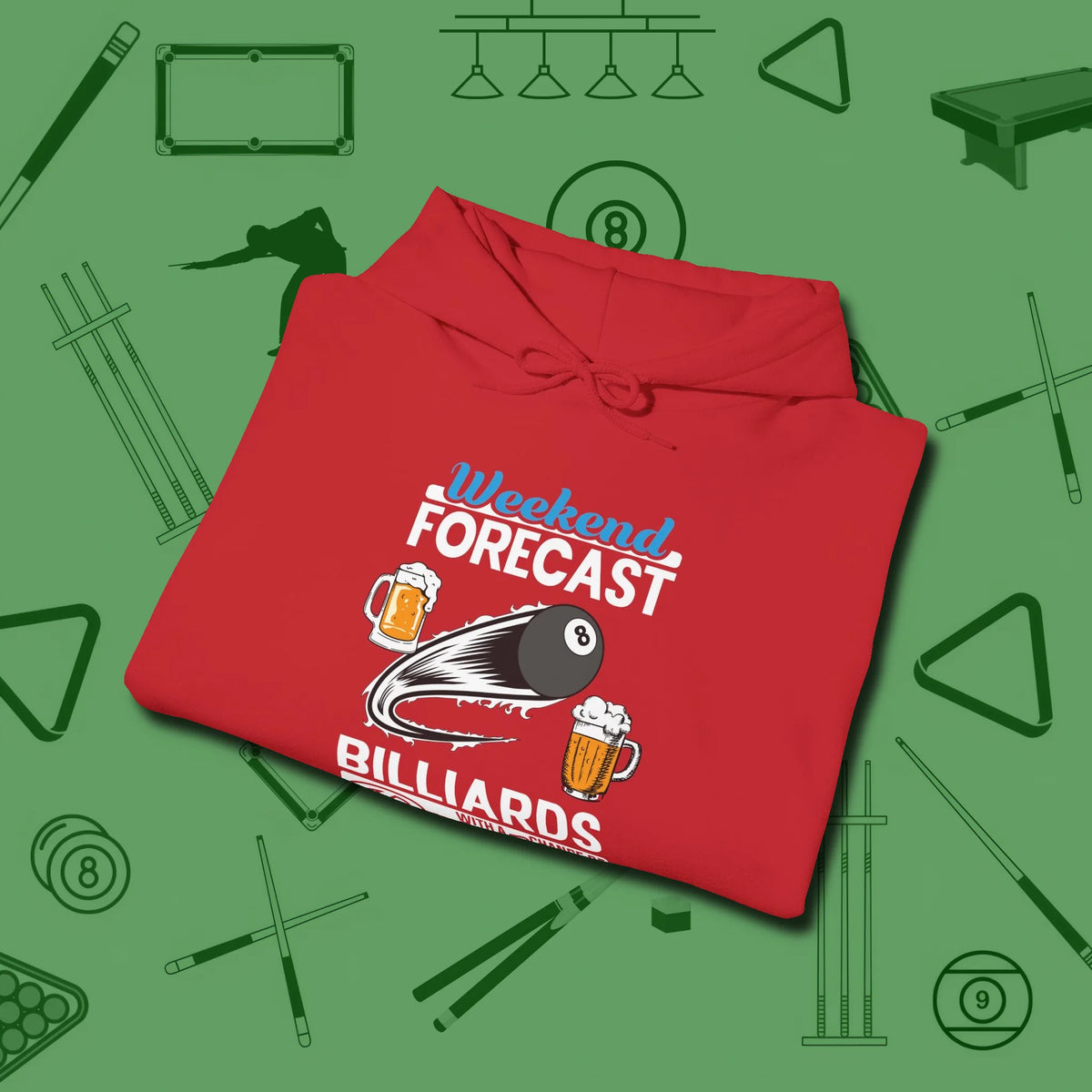 Weekend Forecast Hoodie, folded view, in Red tough like your favorite break cue