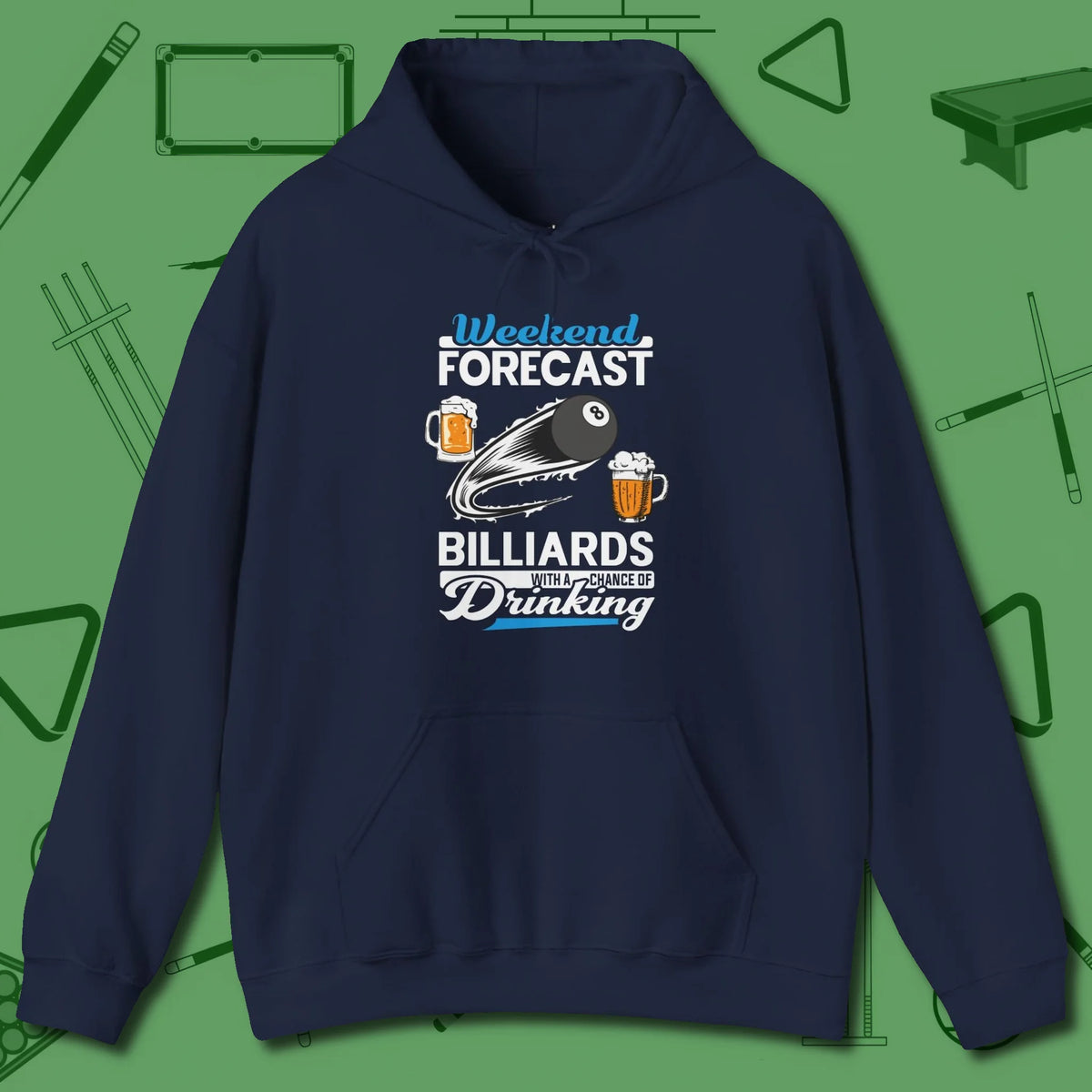 Weekend Forecast Hoodie, front view, in Navy as serious as your stroke