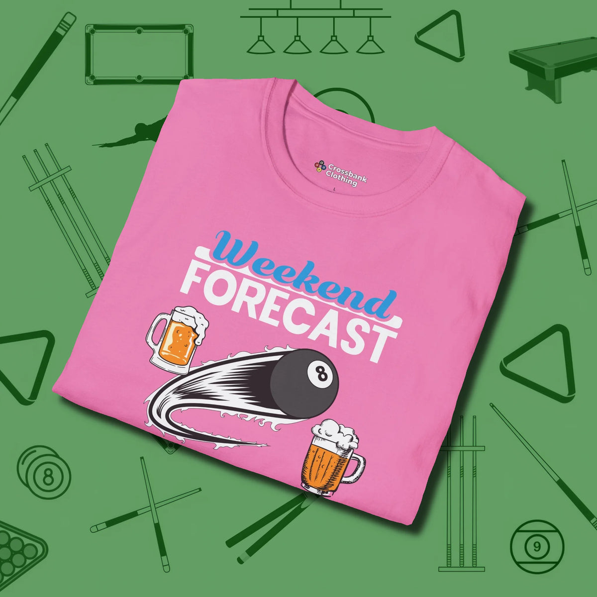 Weekend Forecast T-Shirt, folded view, in Azalea not your average 8-ball graphic tee