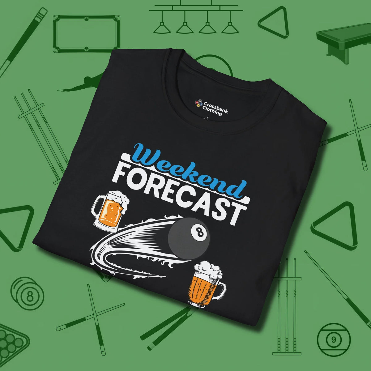 Weekend Forecast T-Shirt, folded view, in Black for shooters who dress like they play: sharp