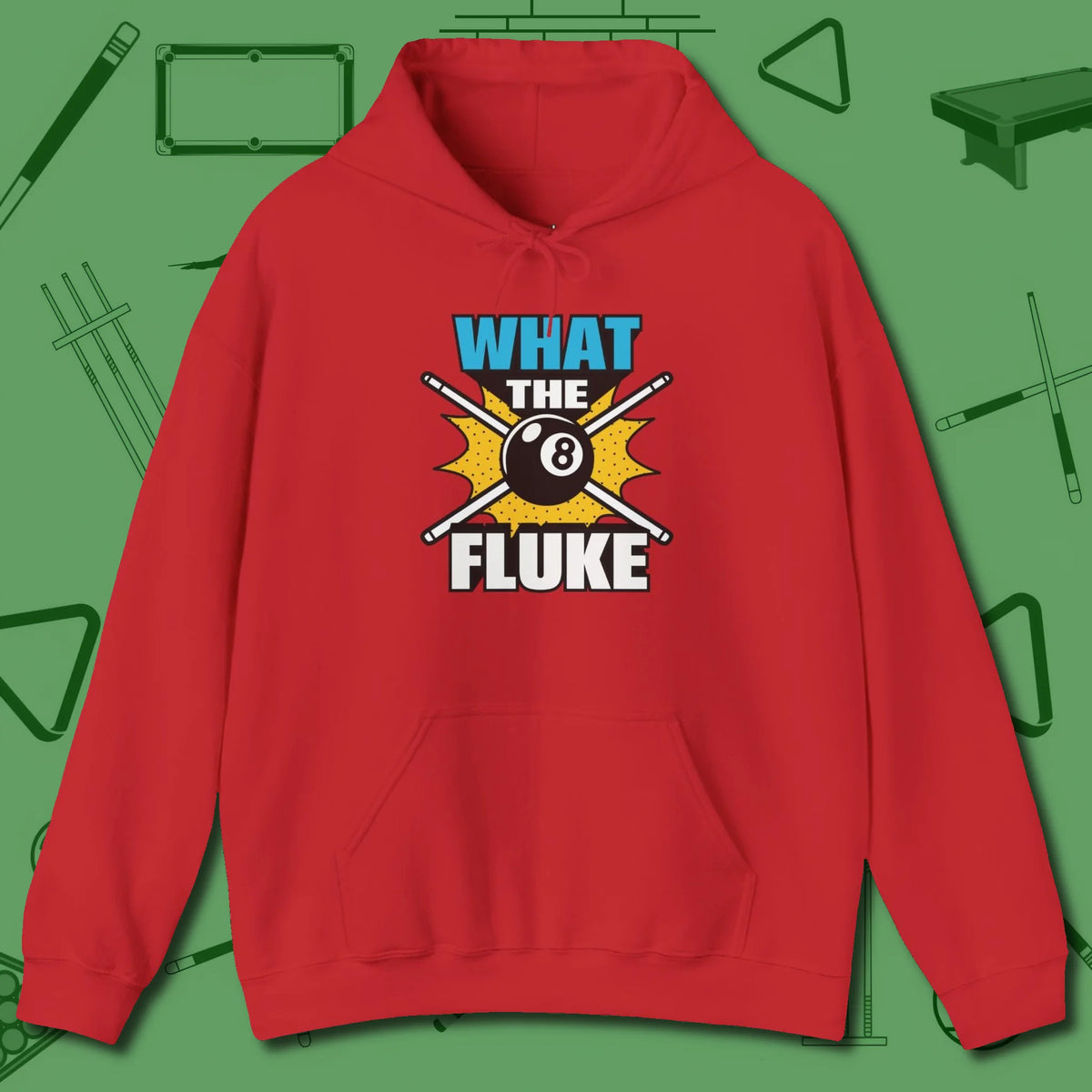 What The Fluke Funny Hoodie, front view, in Red like your stroke — smooth and deliberate
